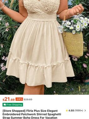 SHEIN Cream Embroidered Patchwork Shirred Spaghetti Strap Summer Dress